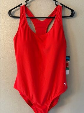 🍒New with tags-Puma Red One-Piece Swimsuit with White Logo-XL